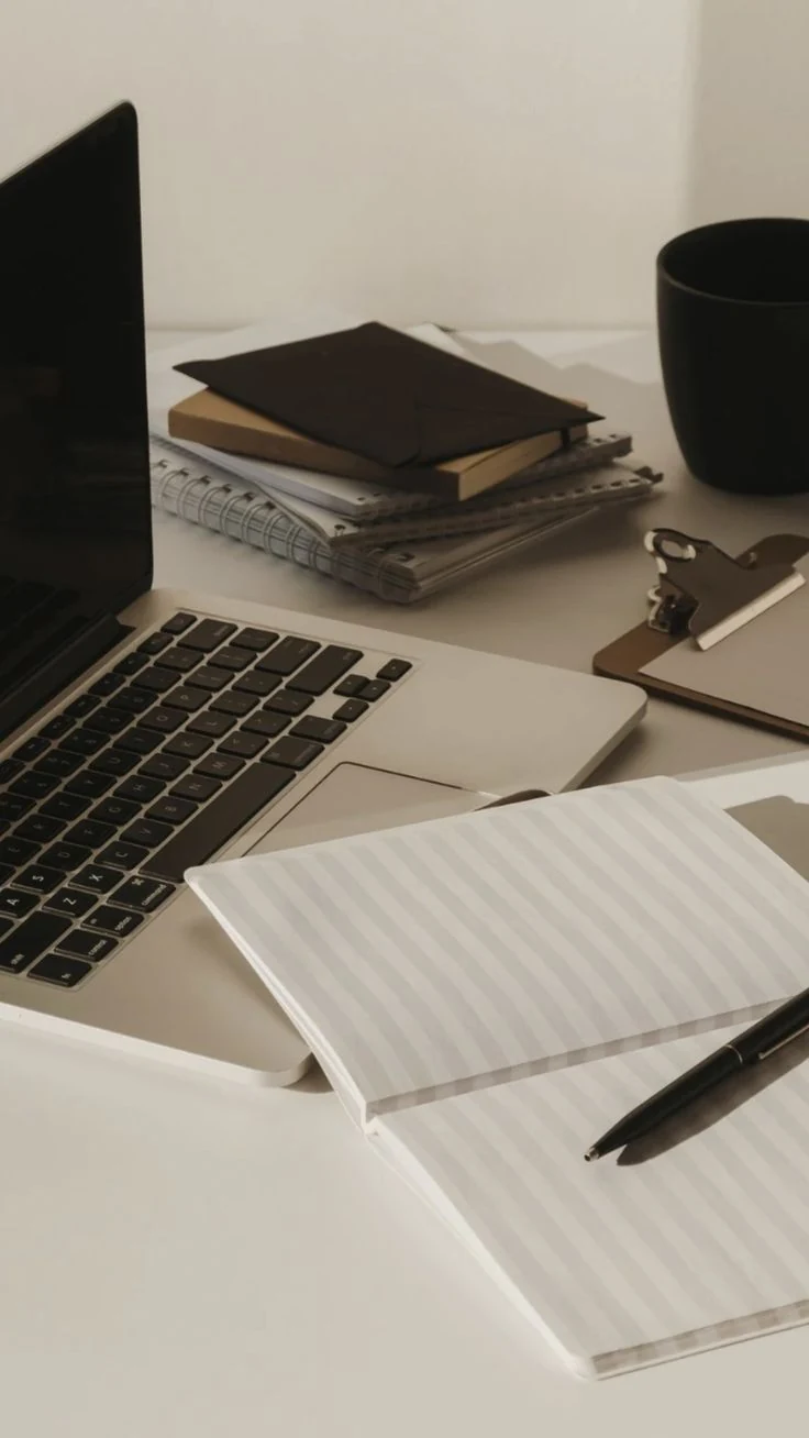 Minimal creative workspace with laptop and notebooks