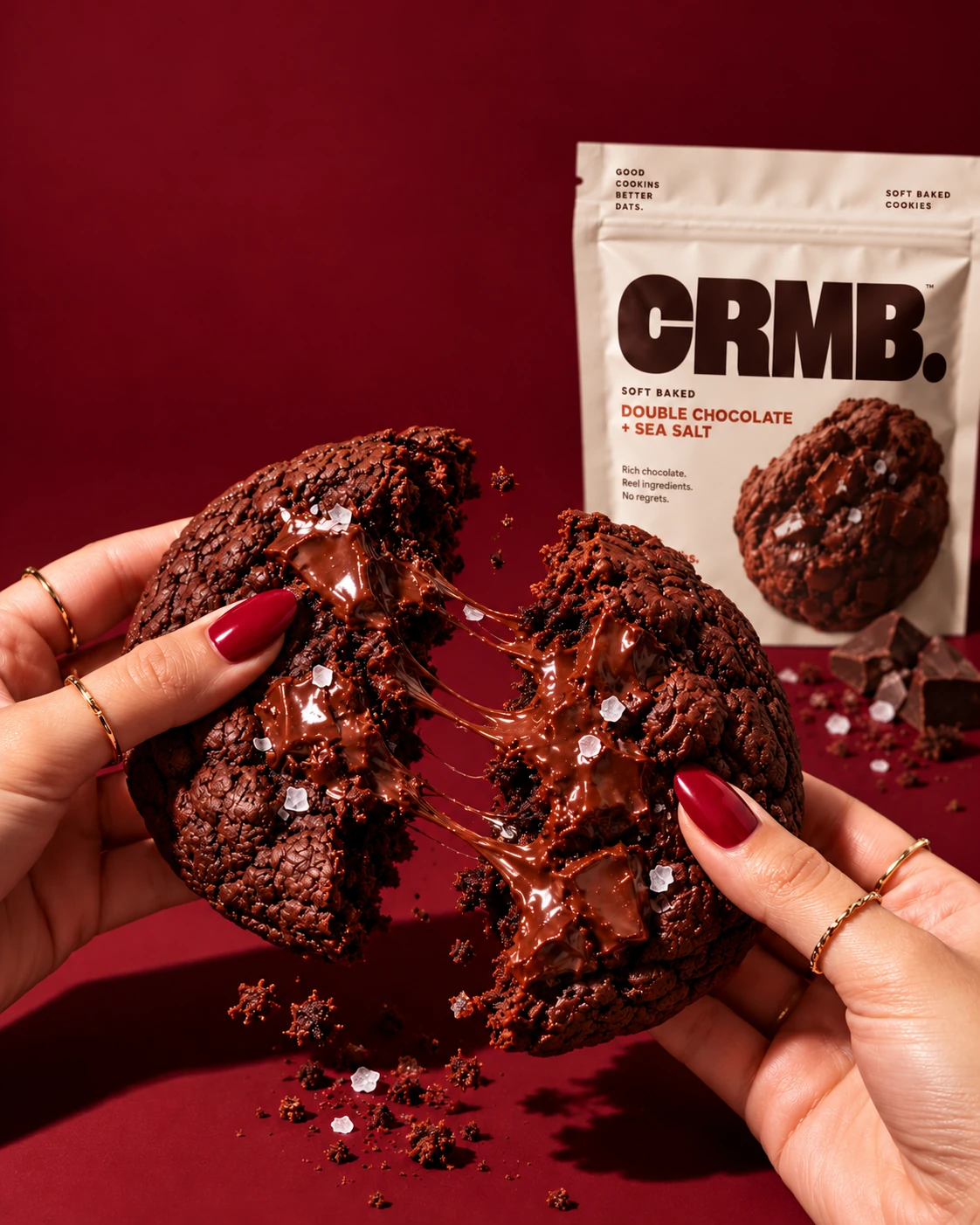 Double chocolate CRMB cookie pulled apart