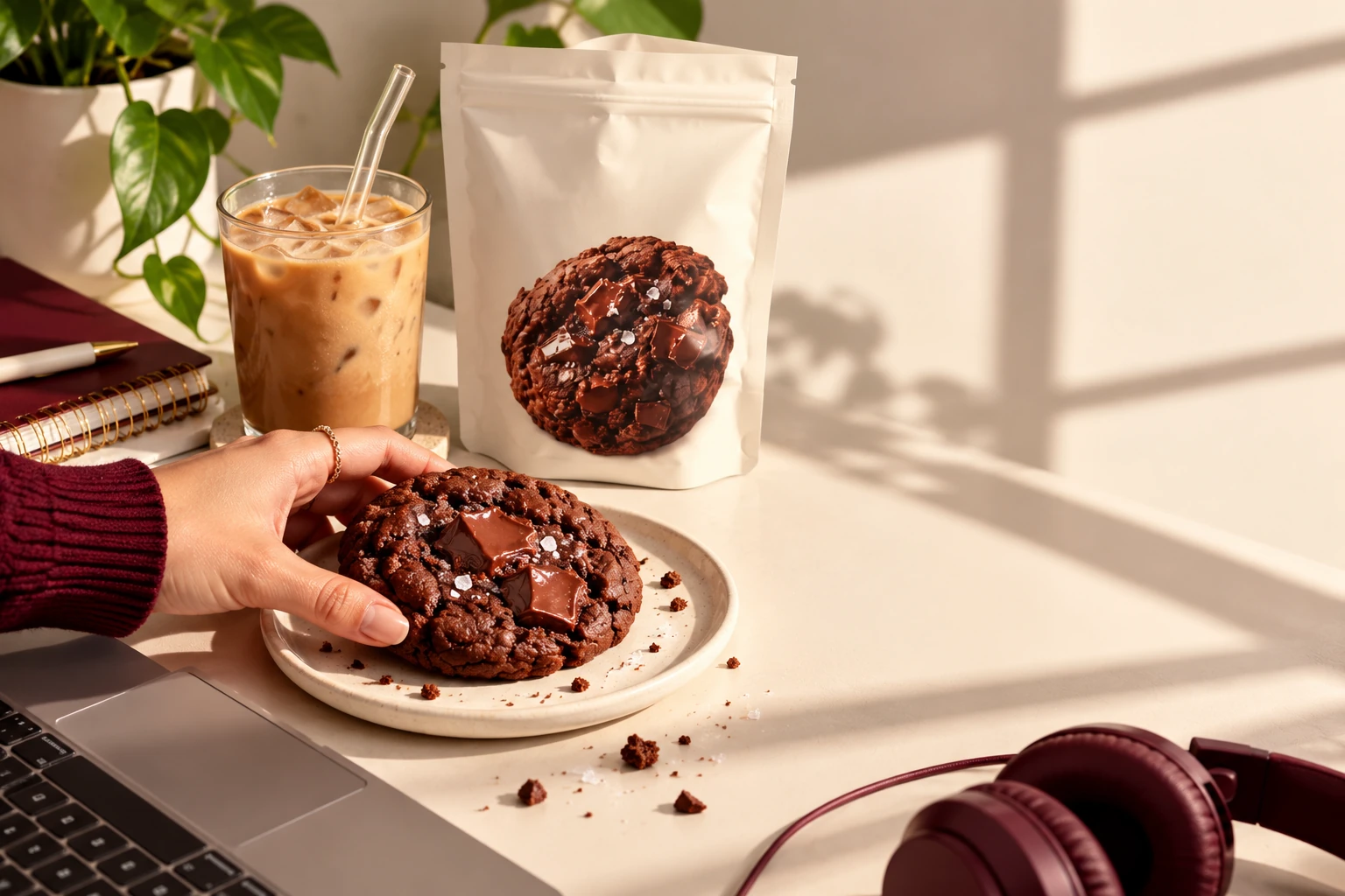 CRMB cookie, iced coffee and headphones at a desk