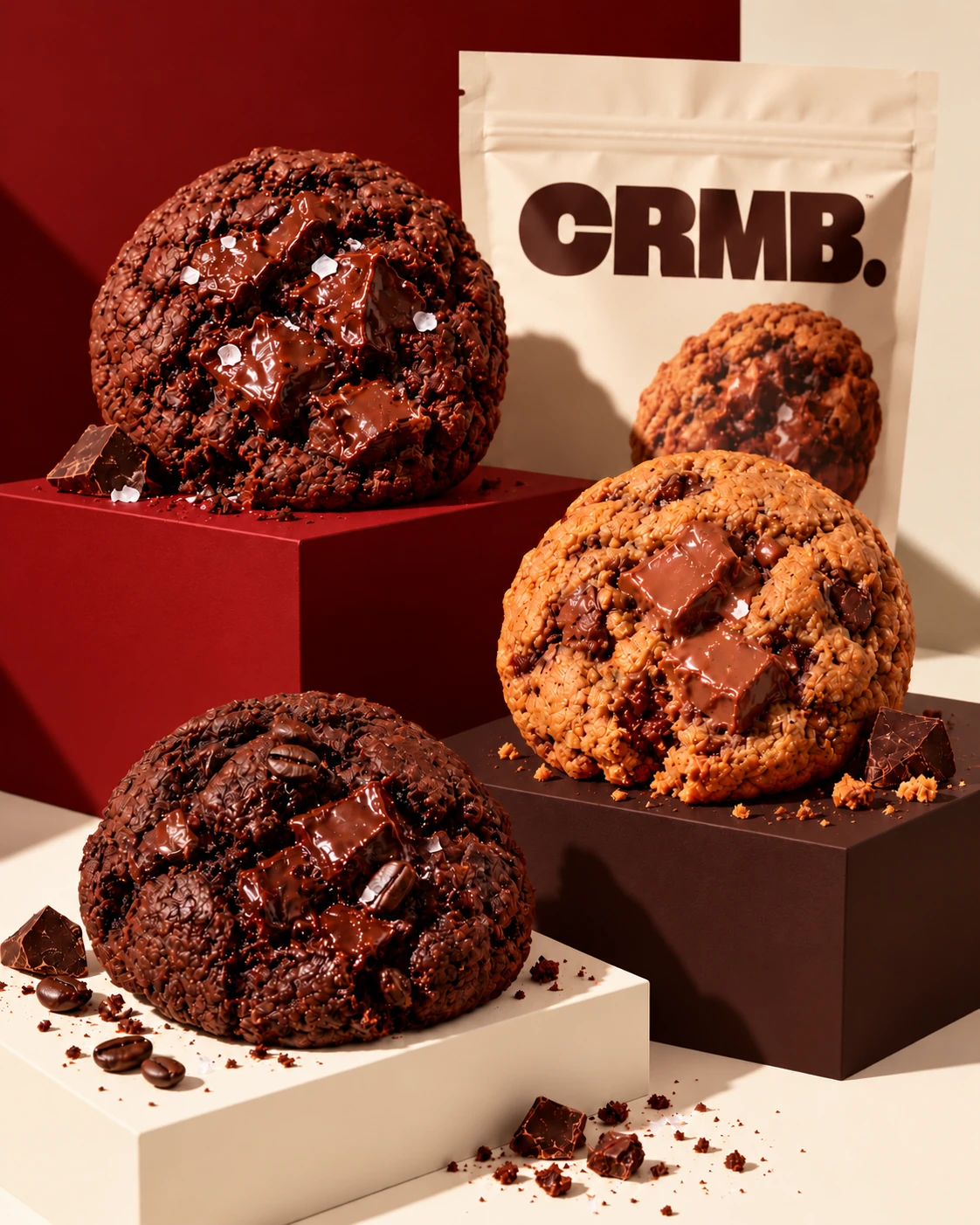 Three CRMB cookie flavours on sculptural blocks
