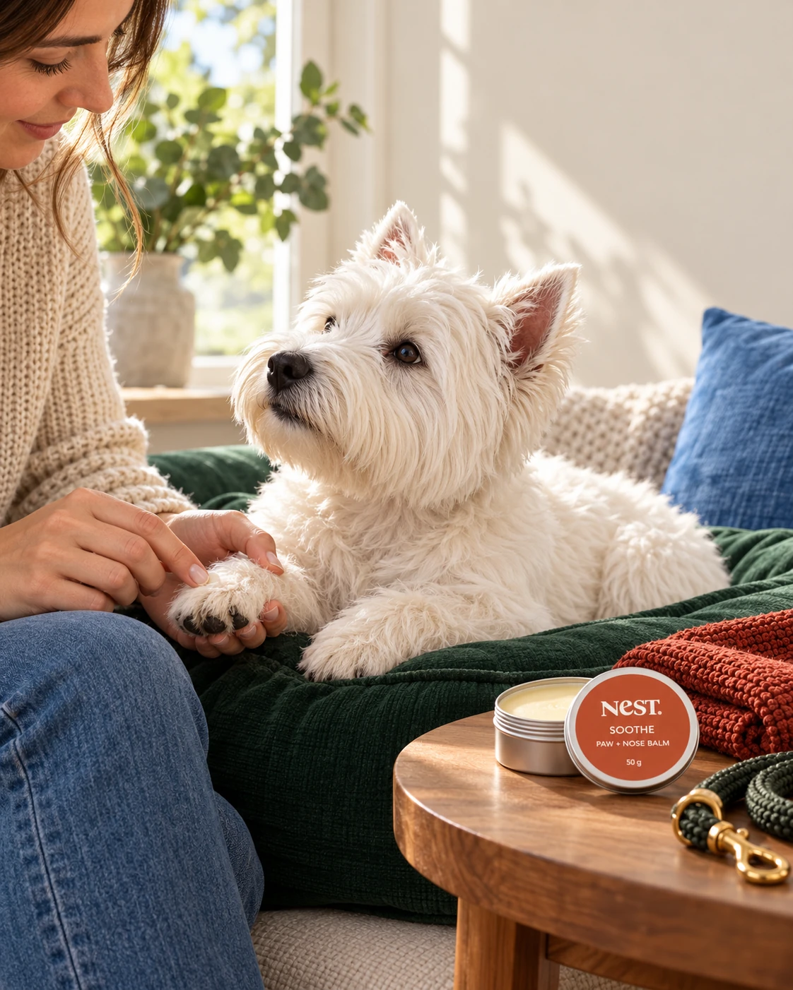 Clean dry white Westie receiving NeST paw balm