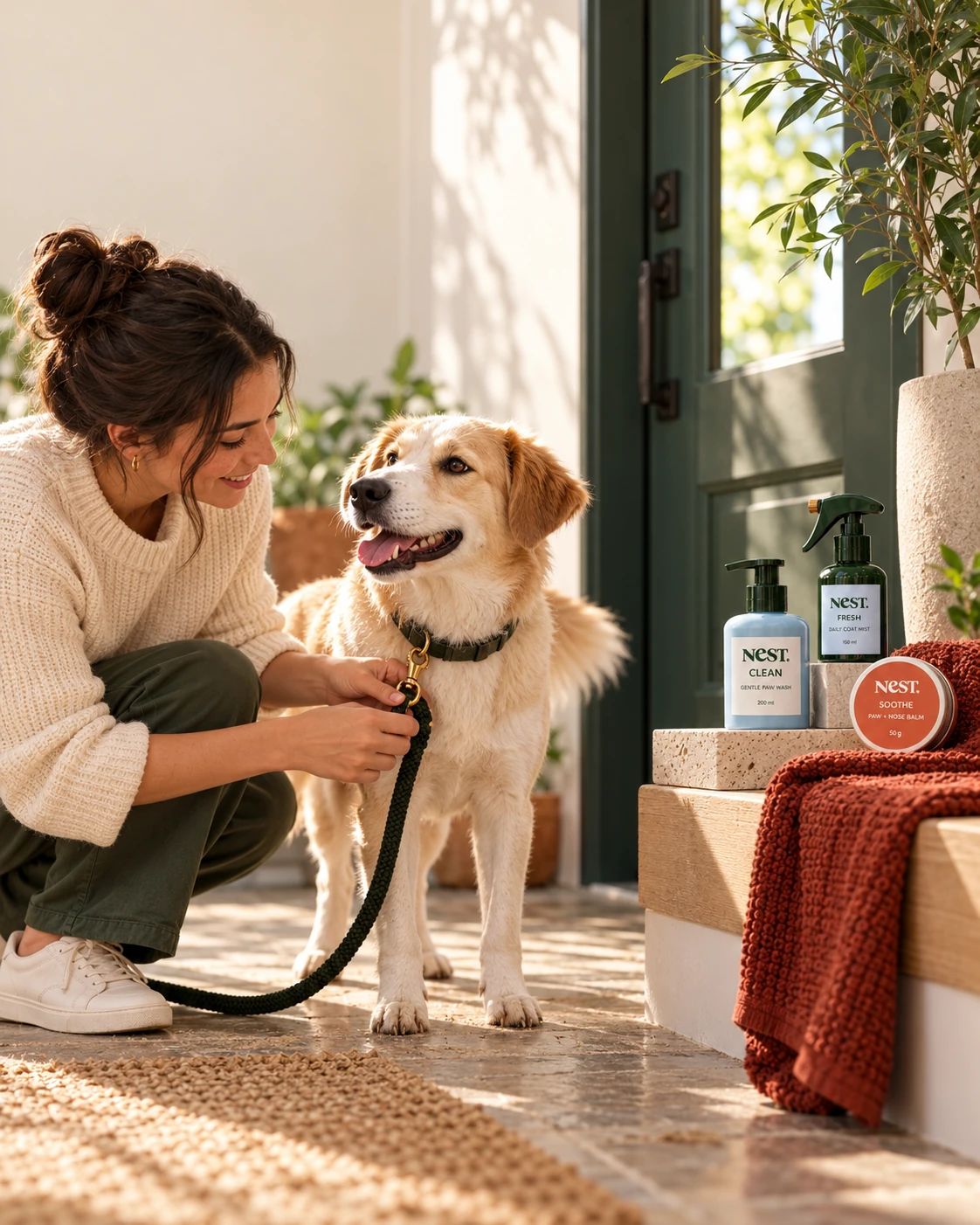 Clean dry dog arriving home beside NeST care products