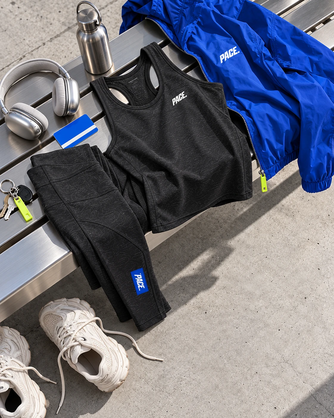 PACE activewear day kit on a city bench