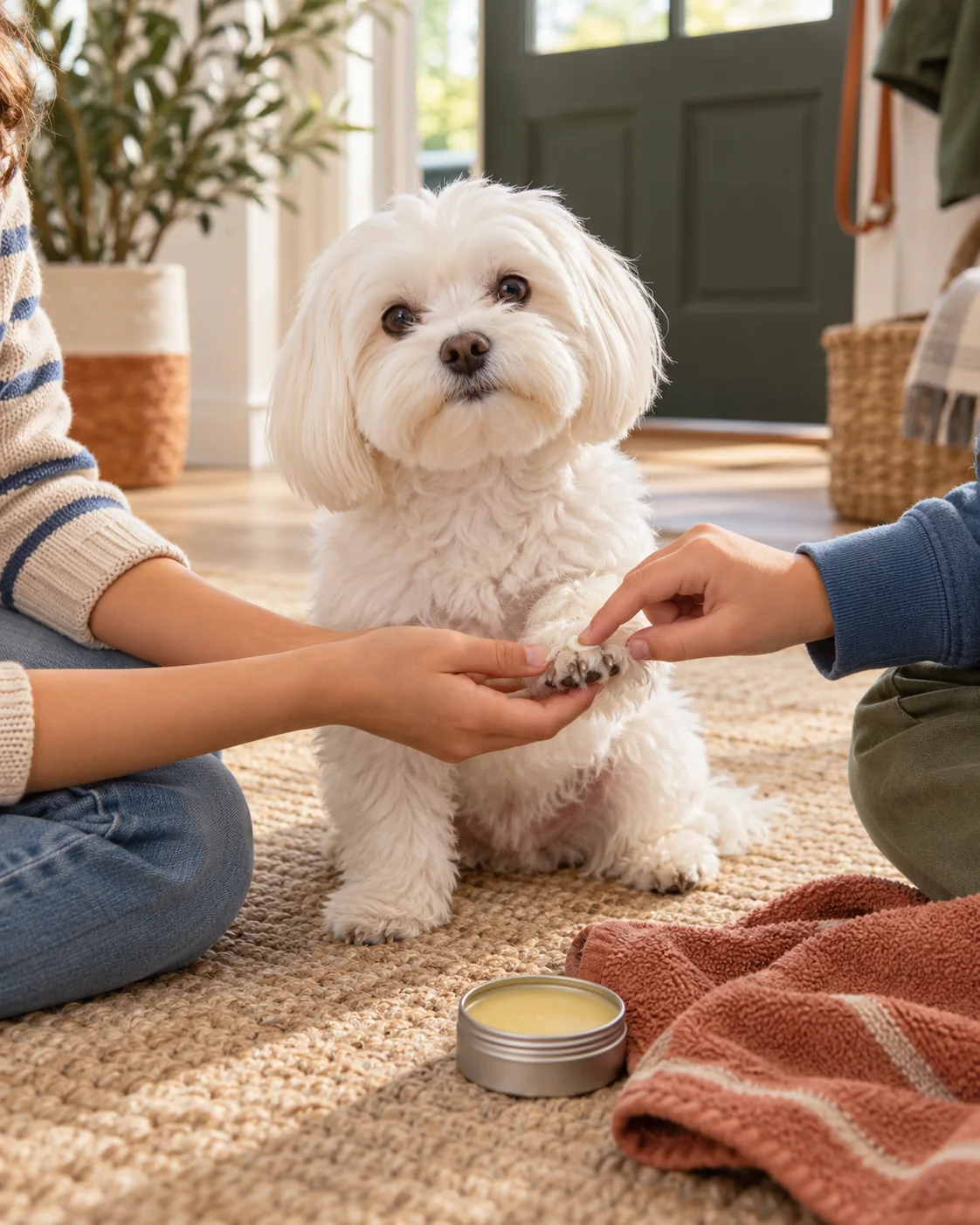 Children gently applying paw balm to a clean dry Maltese dog