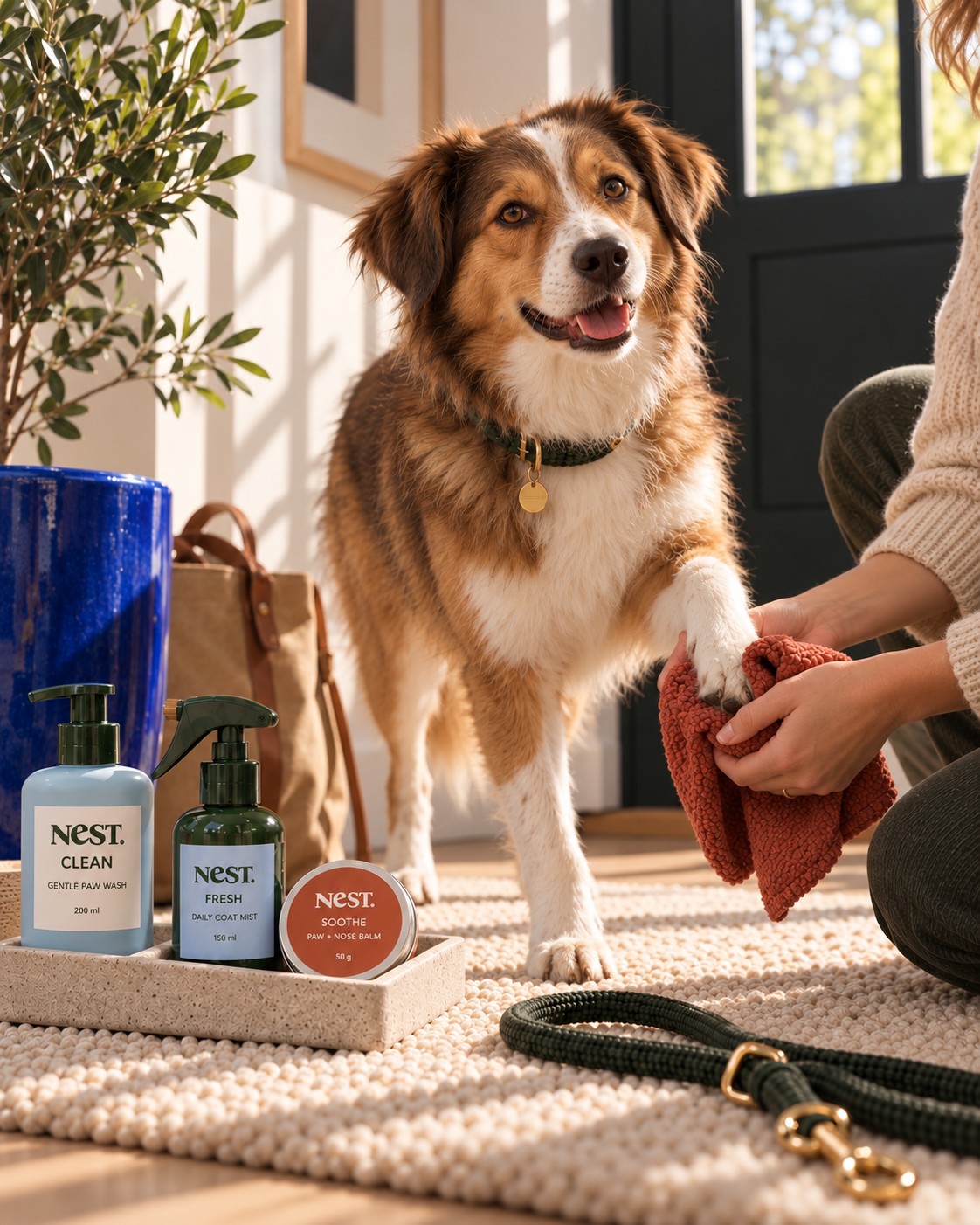 Dry dog having one paw gently wiped beside the NeST care range