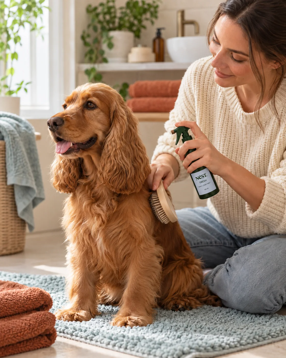 Clean cocker spaniel receiving NeST FRESH Daily Coat Mist during a calm post-bath routine