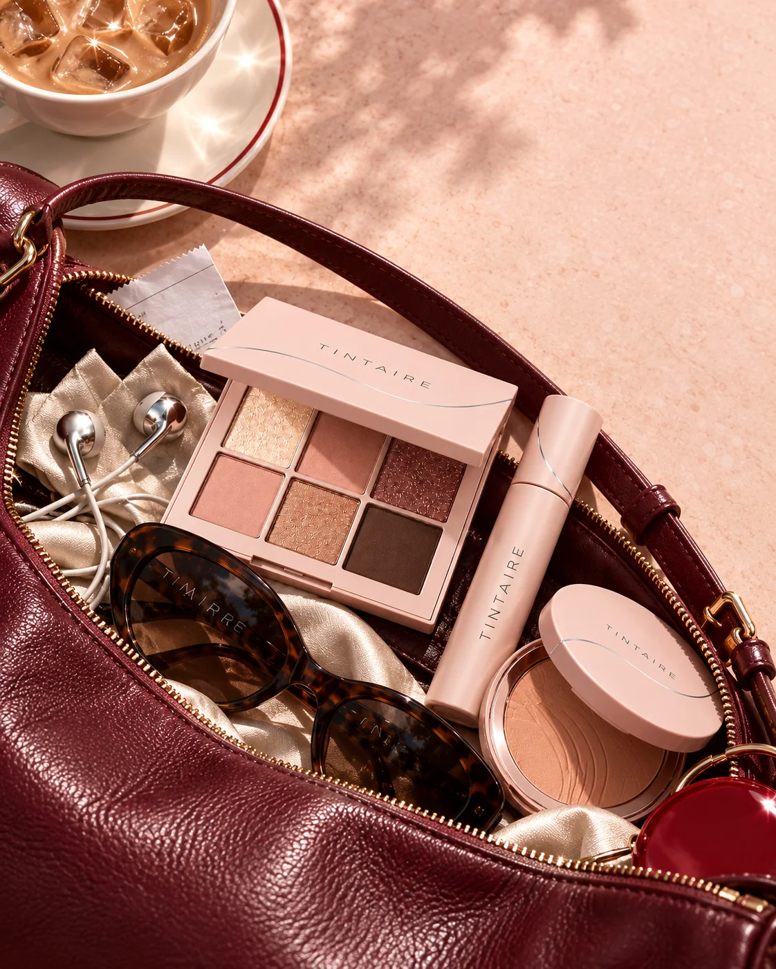 TINTAIRE makeup essentials inside a burgundy bag