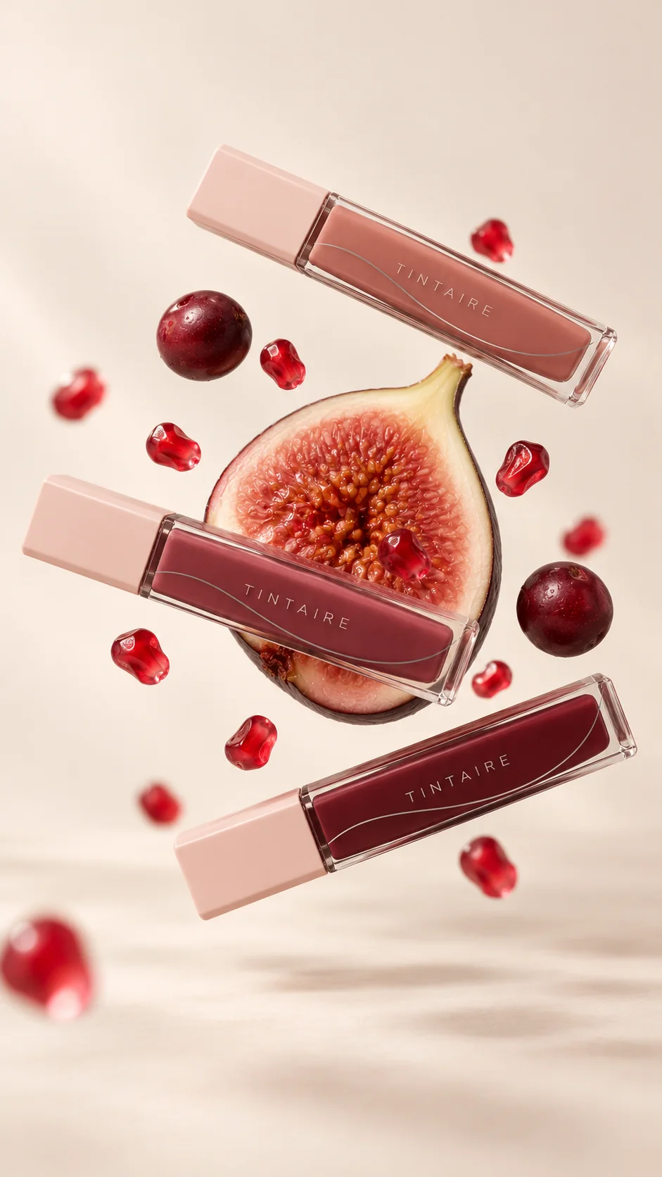 TINTAIRE lip shades with fig and berry colour cues