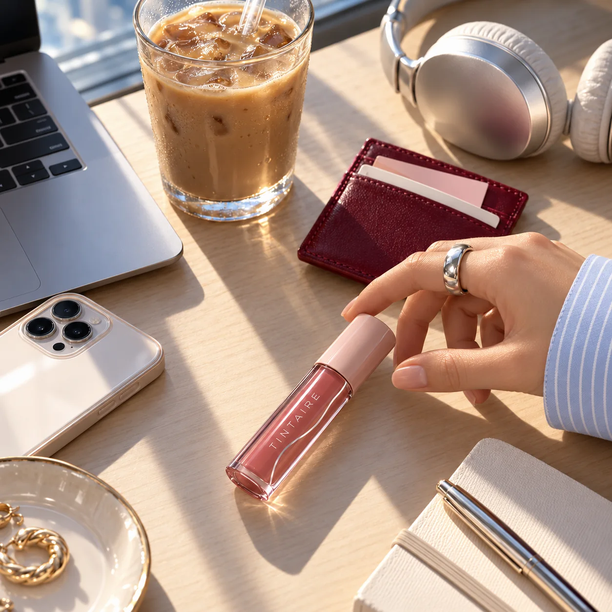 A hand reaching for TINTAIRE lip colour during the workday
